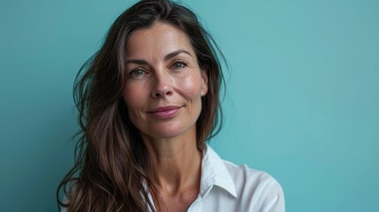 Beautiful Mature Spanish Teacher with Blue Background for Language Education