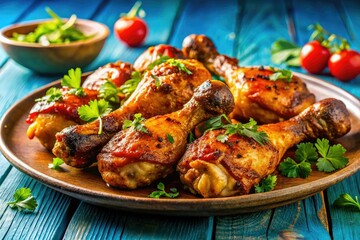 Fototapeta premium Grilled Chicken Drumsticks, Crispy Crust, Delicious, Sky Background, Food Photography, Restaurant, BBQ