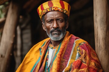 Obraz premium Elderly man adorned in vibrant traditional attire, showcasing cu