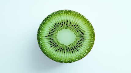 Halved kiwi fruit, close-up, white background, food photography.