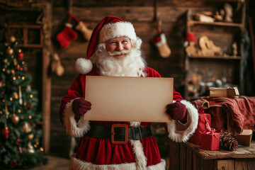 smiling Santa holding a blank sign. Concept of joy and excitement, as the Santa is holding a blank sign, which could be a blank slate for the viewer to fill with their own ideas or wishes