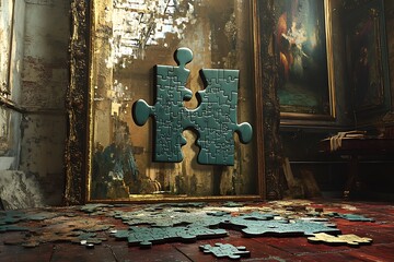 Close up of a black jigsaw puzzle piece with shallow depth of field