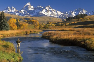 On a lovely winter day, a man is fly fishing in a spring creek in Paradise Valley, Montana.