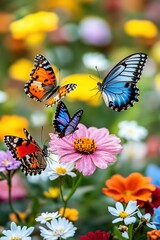 Obraz premium Colorful butterflies fluttering over vibrant flowers create live