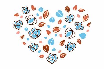 Heartshaped floral design, blue and brown flowers, petals, leaves