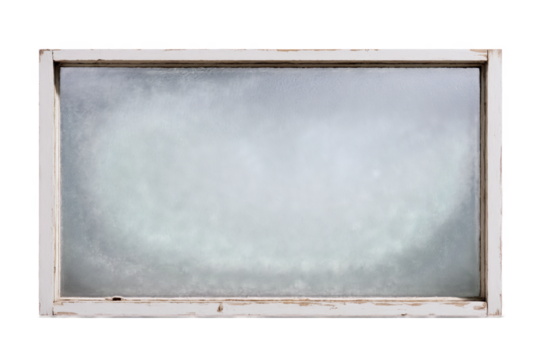 A white window with a charming, rustic design, showcasing a wooden frame with a slightly distressed texture. The window has a single large, clear pane of glass