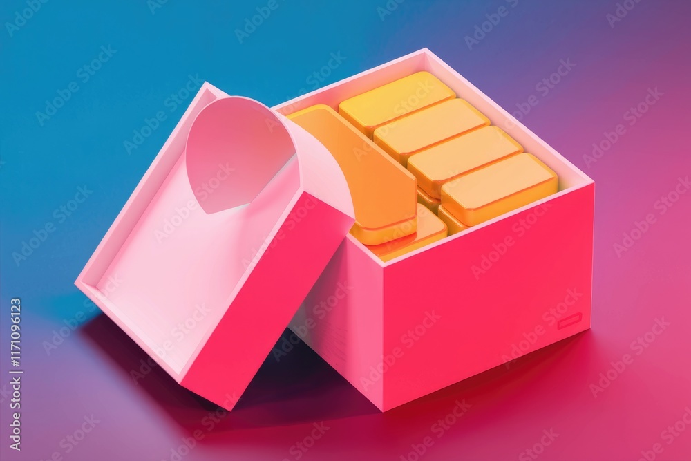 Leinwandbilder A pink box with its lid open, revealing a stack of golden rectangular objects inside.