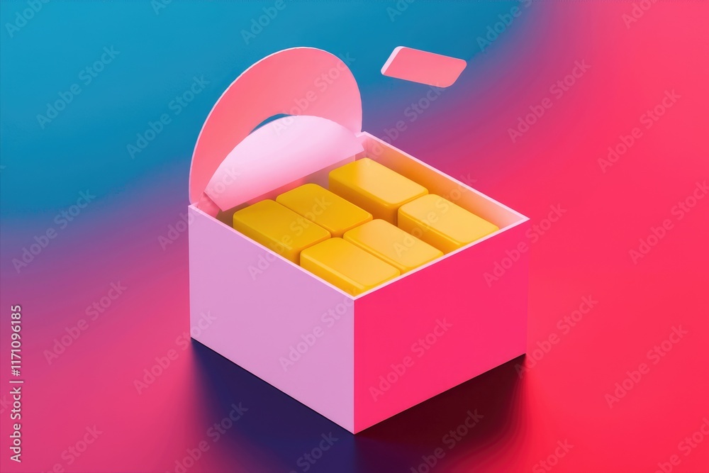 Aufkleber A pink and yellow box with a partially open lid reveals six golden rectangular objects inside.