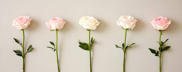 Obraz premium Five pastel roses arranged on grey background. Romantic, elegant design for cards or websites