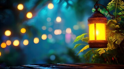 Enchanting Yellow Lantern Illuminates Lush Background with Bokeh Lights in a Serene Outdoor Setting