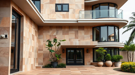 Fototapeta premium Modern home's exterior showcases beige stone cladding, large black-framed windows and doors. Landscaping includes potted plants and shrubs near the entrance. Upper level features a curved balcony.