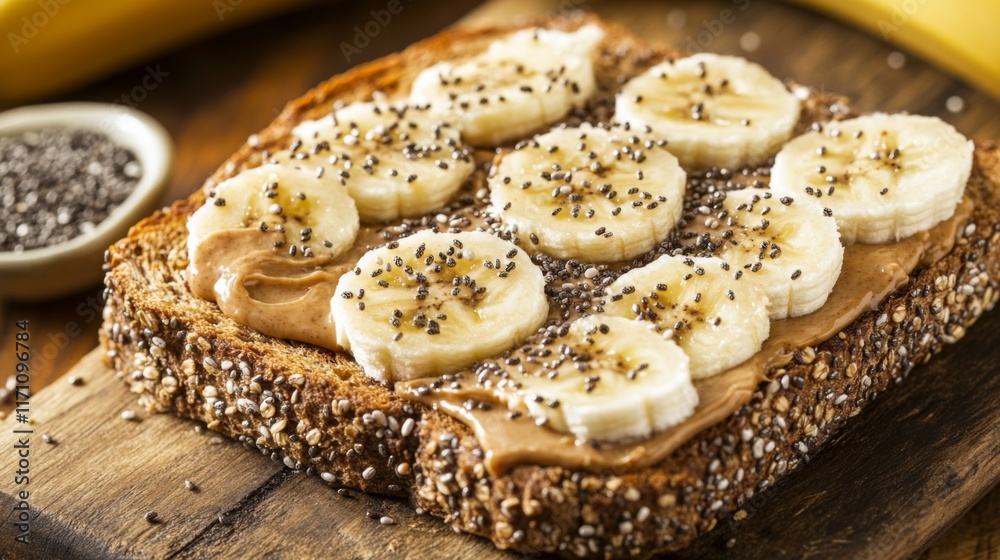Poster A close-up of a slice of whole grain toast topped with peanut butter and banana slices, sprinkled with chia seeds, showcasing a nutritious snack option.