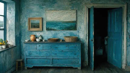 Rustic Blue Room with Decorative Artwork, Vintage Furniture, and Natural Light Streaming In