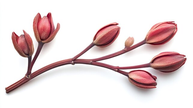 Red flower buds branch isolated on white background, nature photography for design.