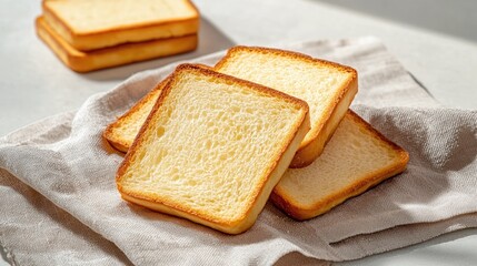 Freshly Toasted Slices of Bread on a Soft Beige Napkin in Bright Natural Light