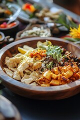 Colorful platter of various dishes garnished with fresh herbs an