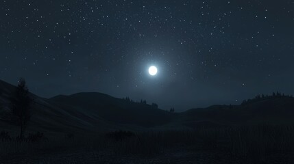 A serene night landscape with a bright moon and twinkling stars.
