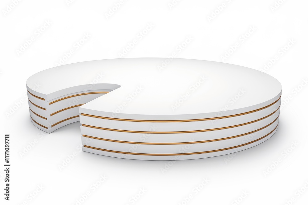 Leinwandbilder A 3D rendering of a white circular platform with gold accents, segmented to resemble a pie chart or layered structure.