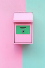 Brightly colored mailbox contrasts pastel background, creating p