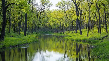 Obraz premium Serene Reflection of Lush Green Forest on Calm Water in Bright Spring Daylight