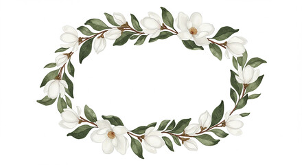 Fototapeta premium Elegant Magnolia Wreath Spring Floral Frame White Blossoms Botanical Illustration Greenery Nature