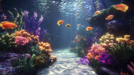 Naklejka premium vibrant underwater scene with colorful coral and tropical fish swimming gracefully