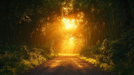 Sunbeams illuminate path through lush forest.