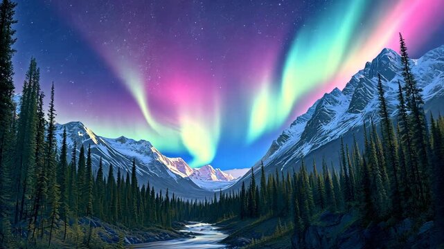 Breathtaking aurora borealis illuminates the night sky over snow-capped mountains in a serene valley setting