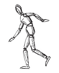 Outline hand drawing of running human figure, wooden doll, mannequin, sketch, vector illustration isolated on white