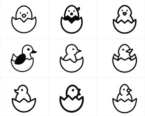 Chicks in Hatching Eggshells. Hand drawn chick in egg shells, Baby chickens hatching from eggshell, Vector illustration.