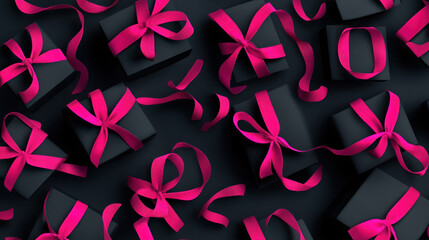 Fototapeta premium Dark-colored gift boxes with hot pink ribbons.