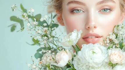 Blushing Beauty: A woman's face framed by delicate white flowers.
