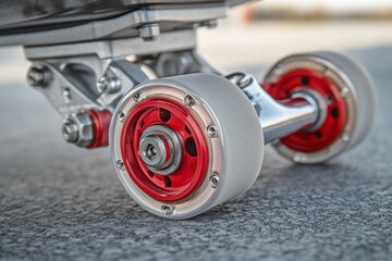 Close-up of a skateboard wheel showcasing its minimalistic design with silver and red colors
