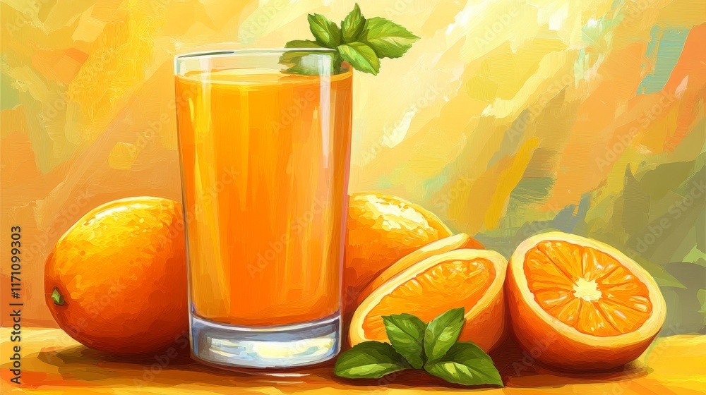 Poster a close-up of freshly squeezed orange juice served in a tall glass, garnished with a sprig of mint a