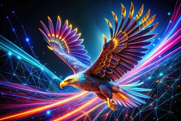 Abstract geometric eagle, long-exposure photography captures its soaring flight, creating striking avian art.