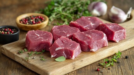 A close-up of fresh poultry cuts, arranged neatly on a wooden cutting board, with herbs and spices scattered around for a rustic kitchen vibe.