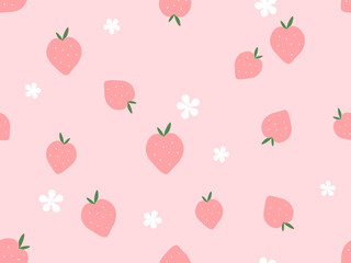 Seamless pattern of strawberry fruit with green leaves and white flower on pink background vector.