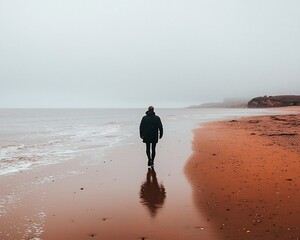 Solitary figure walking on a misty beach.