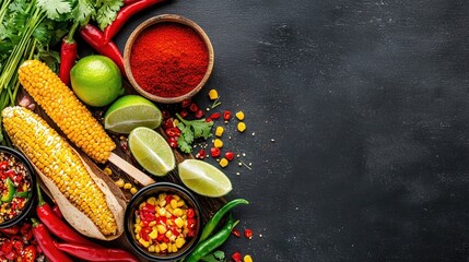 Fresh Ingredients for Salsa Preparation with Colorful Herbs and Spices on Dark Surface