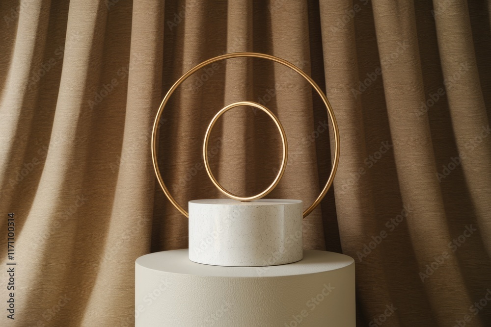 Poster Minimalist display with gold hoops and textured cylindrical platforms against a brown curtain backdrop.