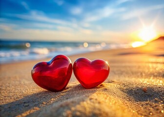 Fototapeta premium Romantic Beach Valentine's Day: Two Red Hearts in the Sand