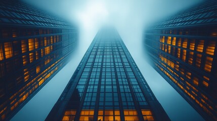 Low angle view of three skyscrapers shrouded in fog at night.