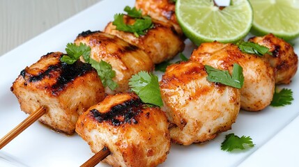 Grilled Chicken Skewers with Lime and Fresh Herbs on a White Plate