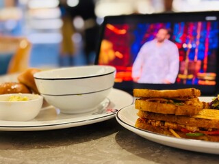 breakfast with soup and sandwich at a cafe