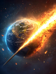 Obraz premium A fiery meteor collides with Earth, creating an explosive scene that showcases cosmic destruction and the planet's vulnerability.