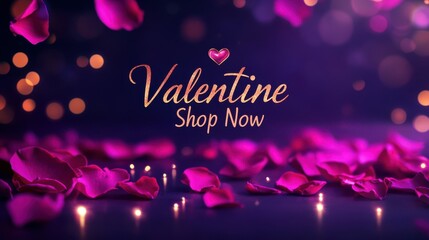 "Valentine Shop Now" in luxurious rose gold cursive font, centered on a deep plum backdrop with softly glowing rose petals and faint sparkles in the corners valentine shopping, premium glow, romantic