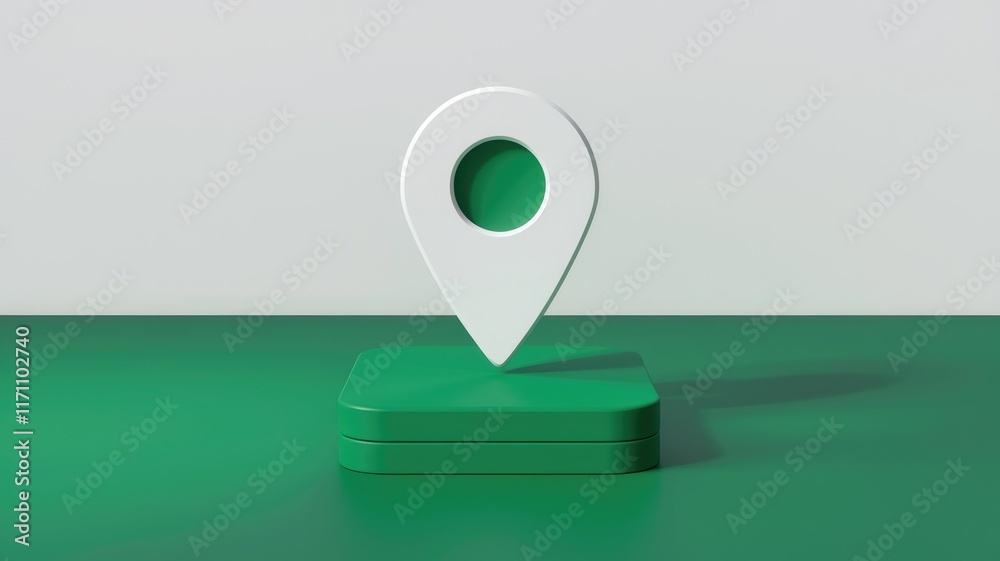 Poster A 3D rendering of a white location pin on a green platform, symbolizing location services or GPS.