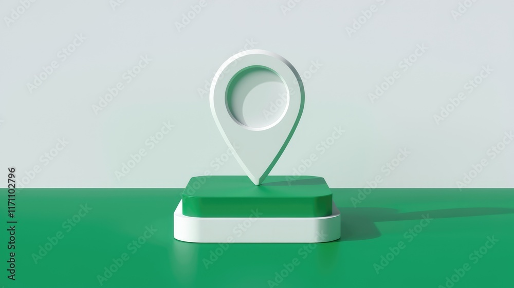 Leinwandbilder A minimalist 3D render of a white location pin on a green platform, symbolizing geolocation or navigation.