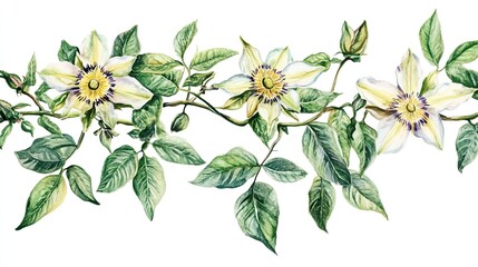 Watercolor clematis vine border, floral design, white background, textile print.