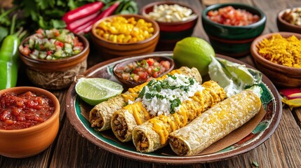Fototapeta premium Colorful Mexican Cuisine Featuring Enchiladas and Accompaniments on Rustic Wooden Table